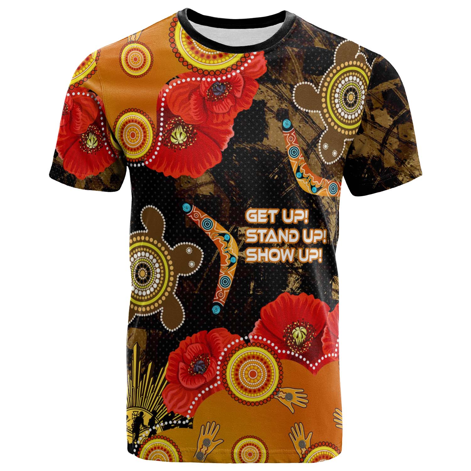 australia-anzac-day-and-naidoc-week-2023-t-shirt-poppy-flower-with-aboriginal-inspired-style-and-turtle-indigenous-t-shirt