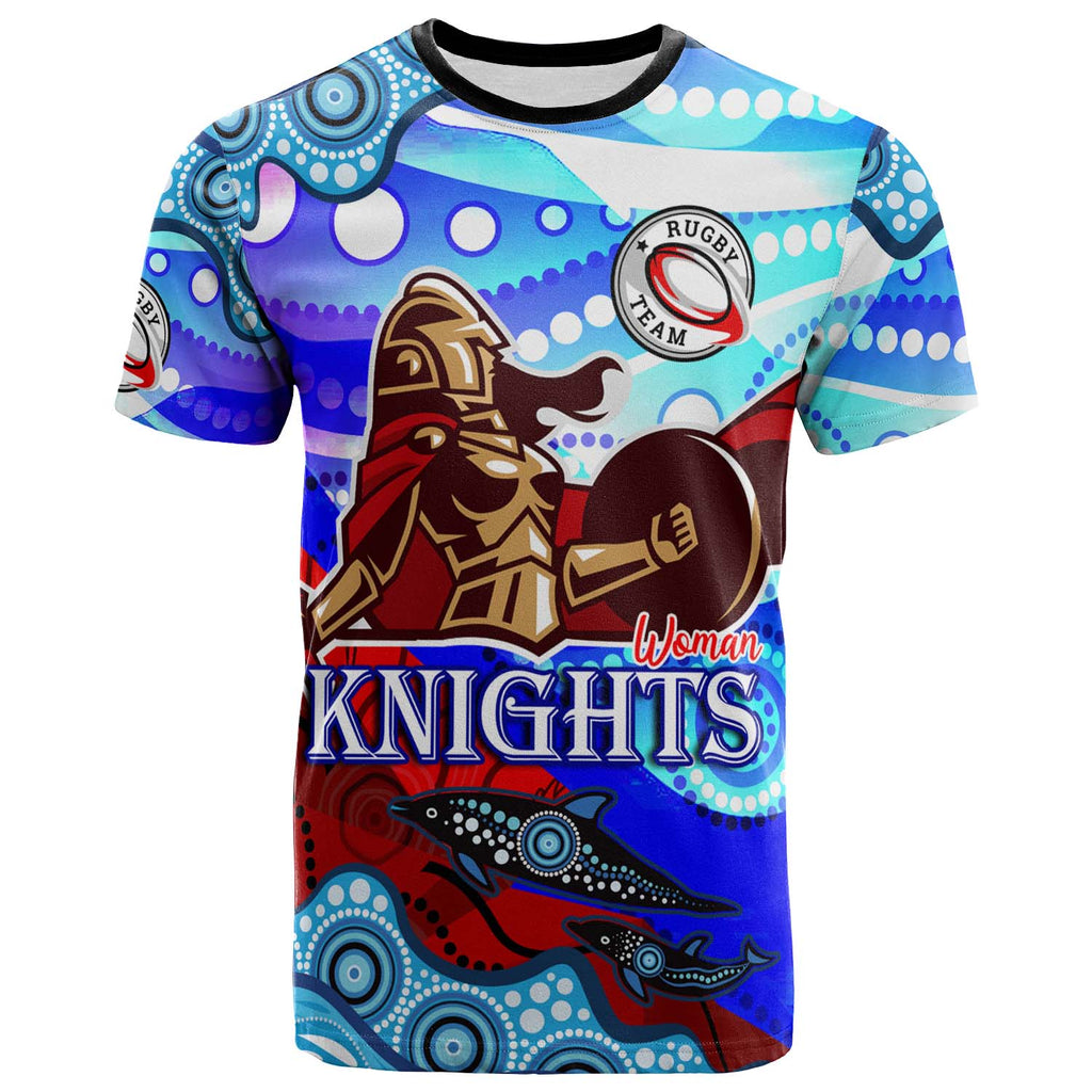 nrlw-knights-rugby-t-shirt-custom-woman-knights-with-aboriginal-dot-painting-style-player-and-number-woman-t-shirt