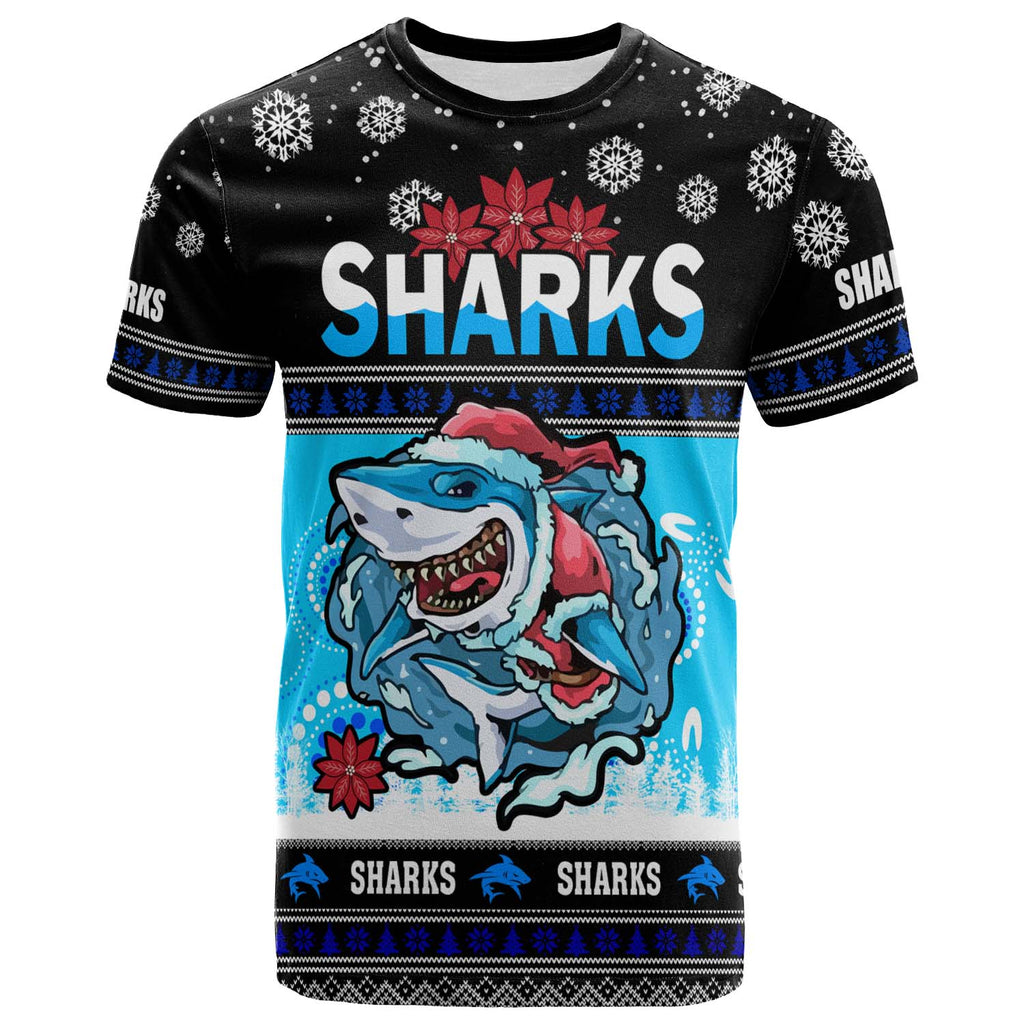 sharks-rugby-christmas-t-shirt-custom-sharks-ugly-christmas-and-aboriginal-patterns-t-shirt