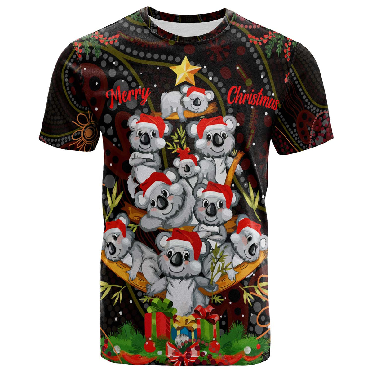 aboriginal-christmas-t-shirt-custom-aussie-koala-christmas-tree-with-aboriginal-inspired-t-shirt