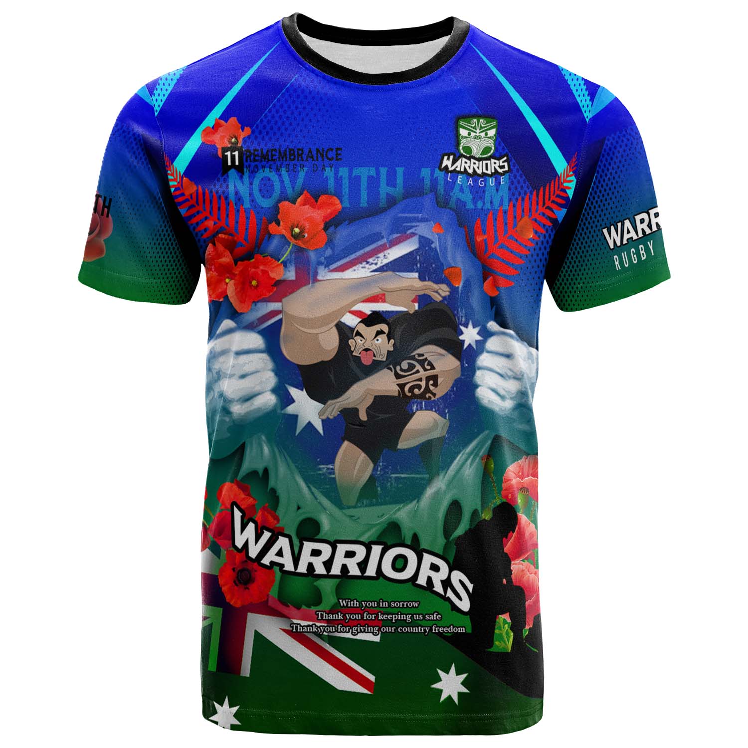warriors-rugby-t-shirt-custom-warriors-remembrance-day-lest-we-forget-poppies-t-shirt