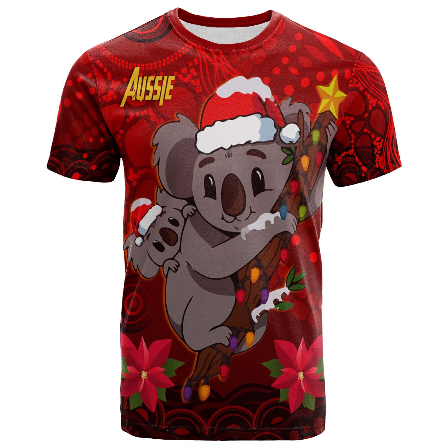 aboriginal-christmas-t-shirt-custom-aussie-koala-christmas-poinsettia-with-aboriginal-inspired-t-shirt