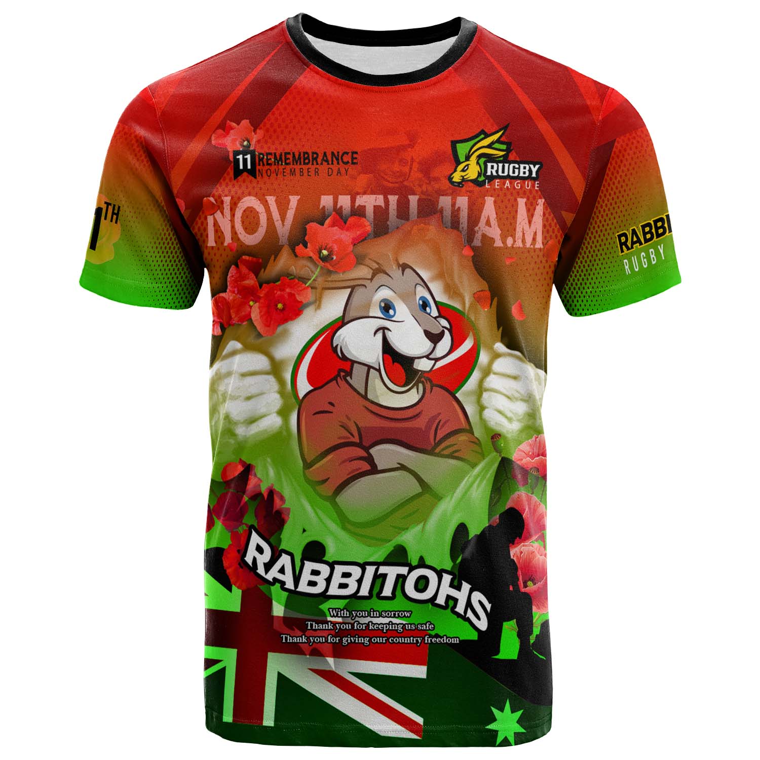 rabbitohs-rugby-t-shirt-custom-rabbitohs-remembrance-day-lest-we-forget-poppies-t-shirt