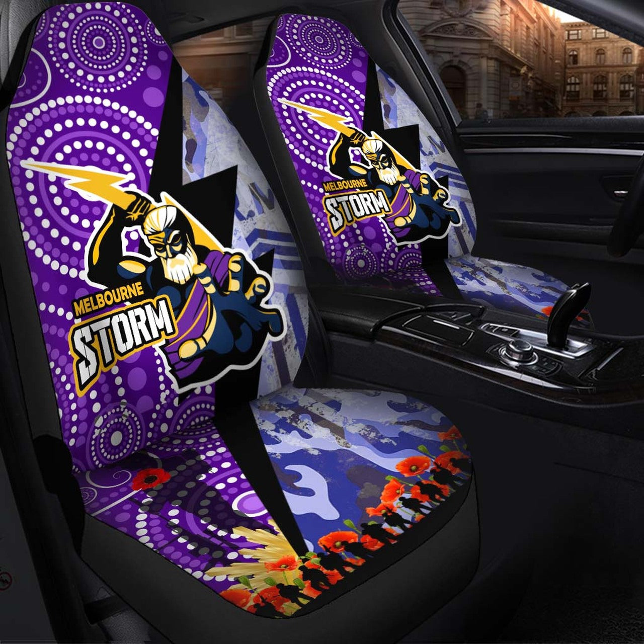 storm-rugby-anzac-aboriginal-car-seat-cover-melbourne-storm-with-remembrance-day-poppy-flower-car-seat-cover