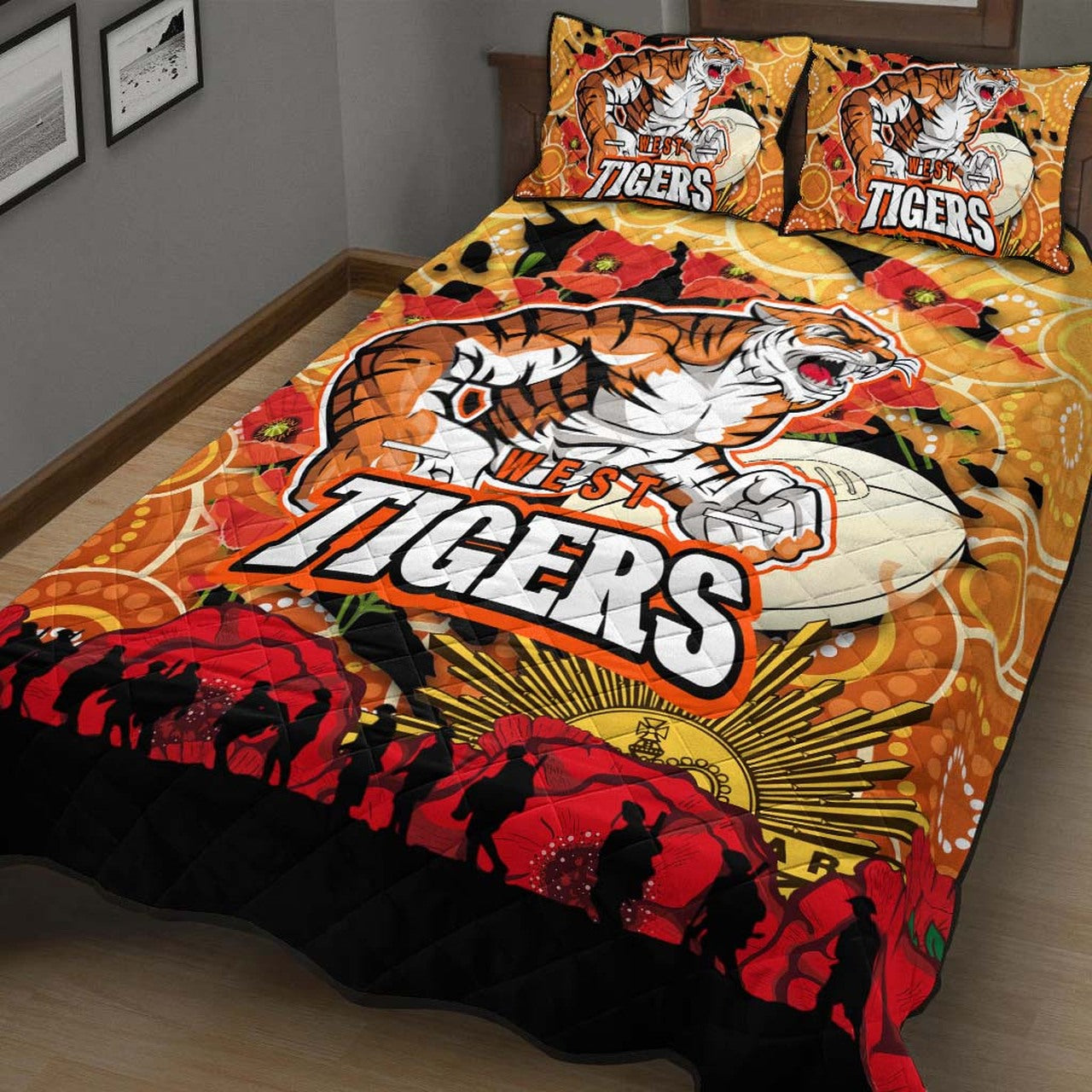 tigers-rugby-anzac-aboriginal-quilt-bed-set-tigers-rugby-with-remembrance-day-poppy-flower-quilt-bed-set