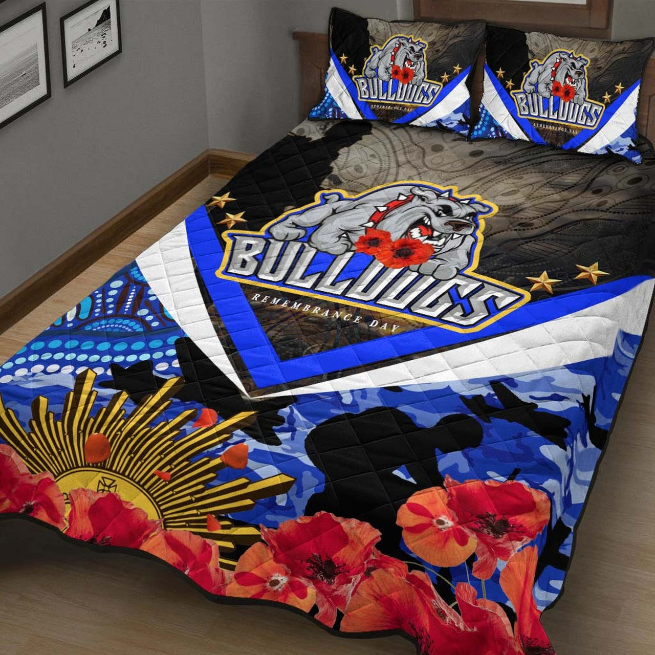 bulldogs-rugby-anzac-aboriginal-quilt-bed-set-poppy-flower-remembrance-day-quilt-bed-set