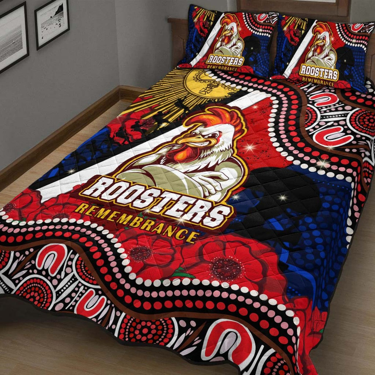 roosters-rugby-anzac-aboriginal-quilt-bed-set-sydney-roosters-with-remembrance-day-poppy-flower-quilt-bed-set