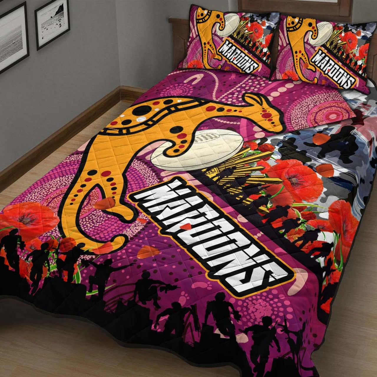 maroons-rugby-anzac-aboriginal-quilt-bed-set-maroons-aboriginal-pattern-with-anzac-day-poppy-flower-quilt-bed-set