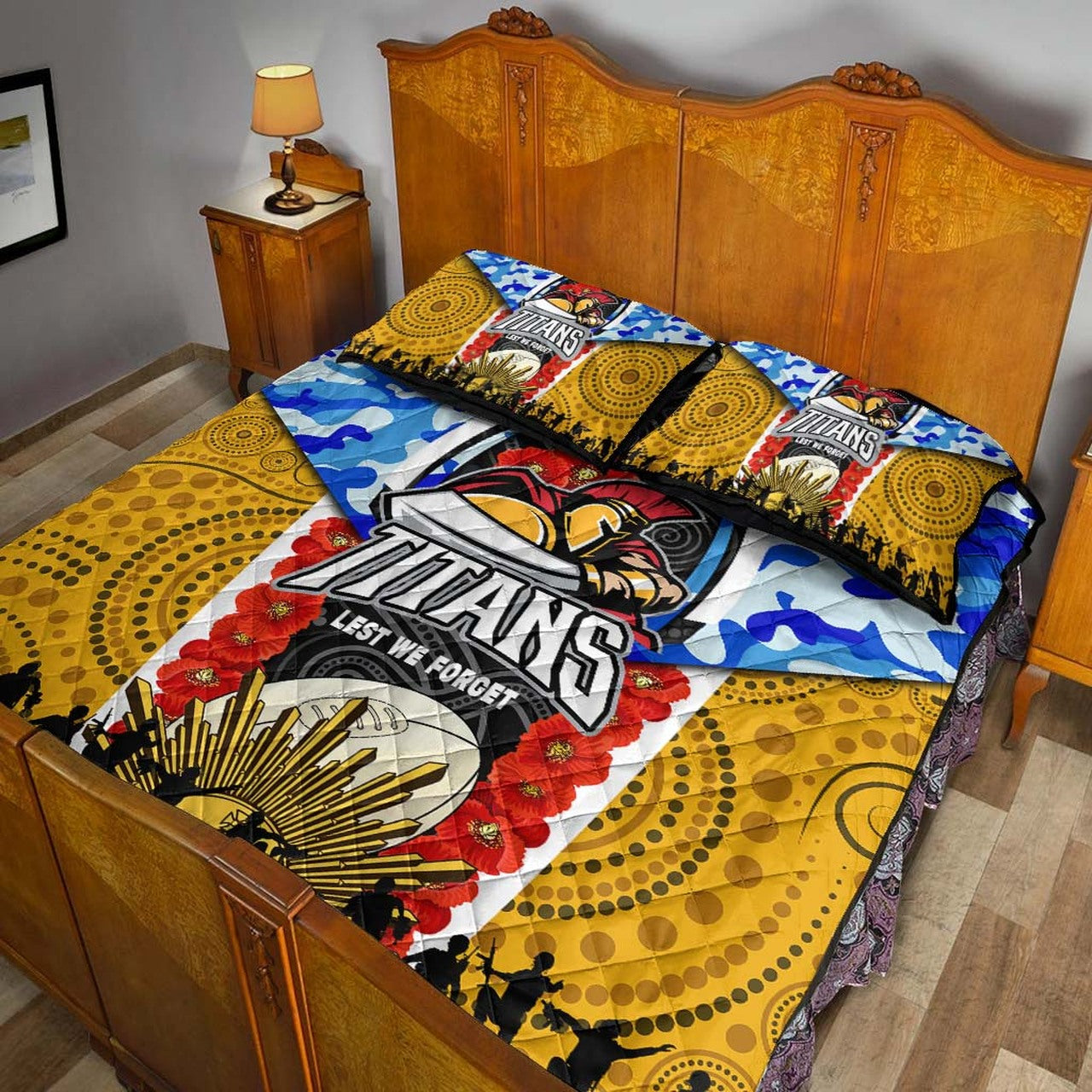 titans-rugby-anzac-aboriginal-quilt-bed-set-titans-with-poppy-watercolor-flower-quilt-bed-set