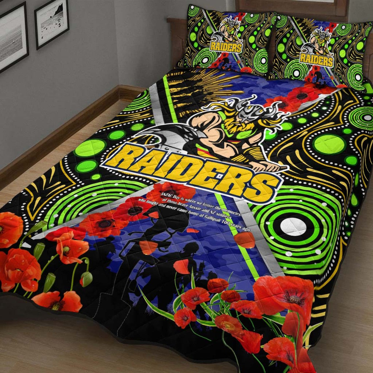 raiders-rugby-anzac-aboriginal-quilt-bed-set-canberra-raiders-with-anzac-day-poppy-flower-quilt-bed-set
