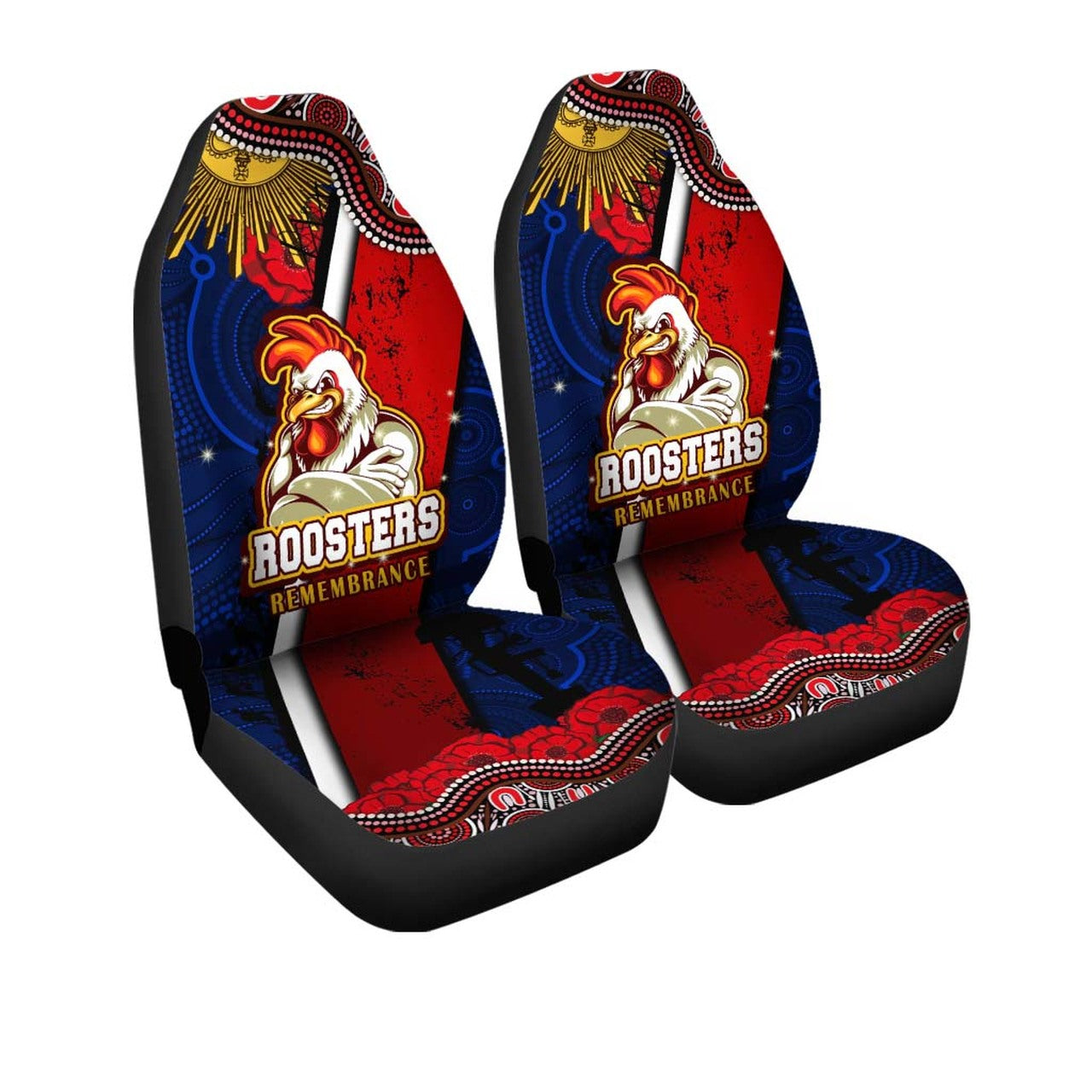 roosters-rugby-anzac-aboriginal-car-seat-cover-sydney-roosters-with-remembrance-day-poppy-flower-car-seat-cover