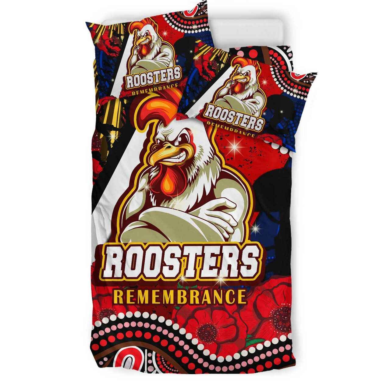roosters-rugby-anzac-aboriginal-bedding-set-sydney-roosters-with-remembrance-day-poppy-flower-bedding-set
