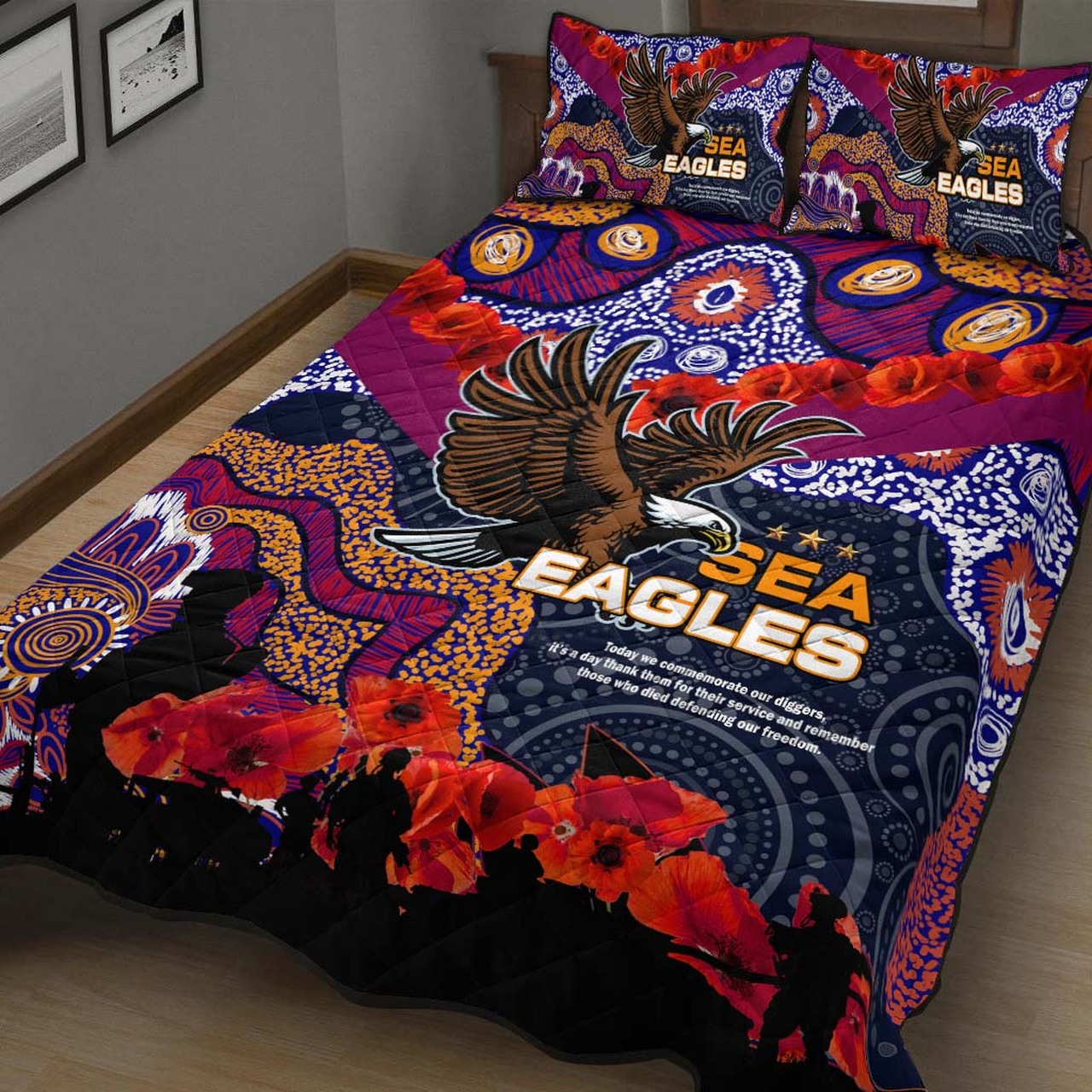 sea-eagles-rugby-anzac-aboriginal-quilt-bed-set-manly-warringah-sea-eagles-with-anzac-day-poppy-flower-quilt-bed-set