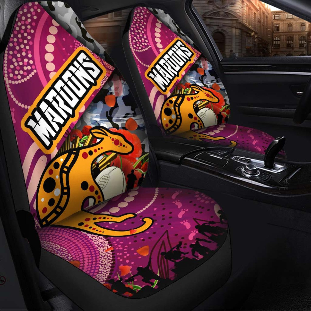 maroons-rugby-anzac-aboriginal-car-seat-cover-maroons-aboriginal-pattern-with-anzac-day-poppy-flower-car-seat-cover