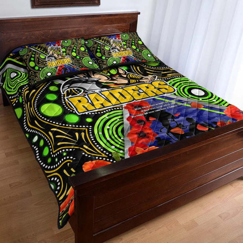 raiders-rugby-anzac-aboriginal-quilt-bed-set-canberra-raiders-with-anzac-day-poppy-flower-quilt-bed-set