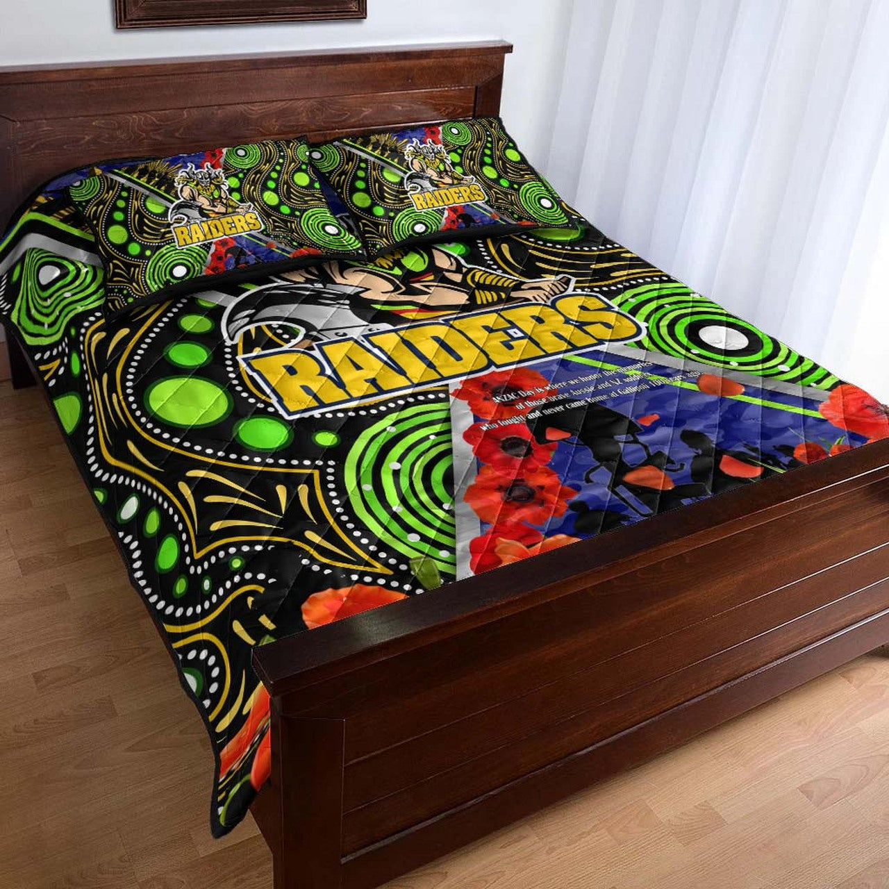 raiders-rugby-anzac-aboriginal-quilt-bed-set-canberra-raiders-with-anzac-day-poppy-flower-quilt-bed-set