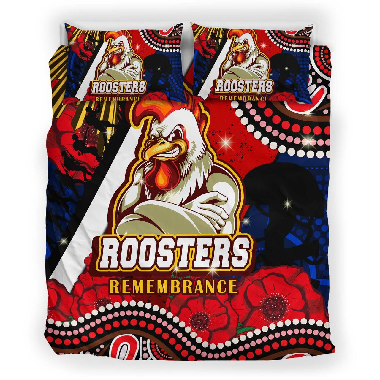 roosters-rugby-anzac-aboriginal-bedding-set-sydney-roosters-with-remembrance-day-poppy-flower-bedding-set
