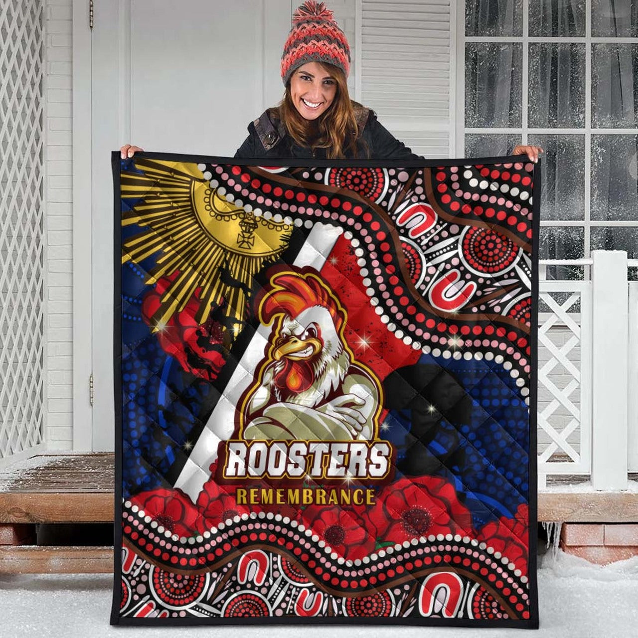 roosters-rugby-anzac-aboriginal-quilt-sydney-roosters-with-remembrance-day-poppy-flower-quilt