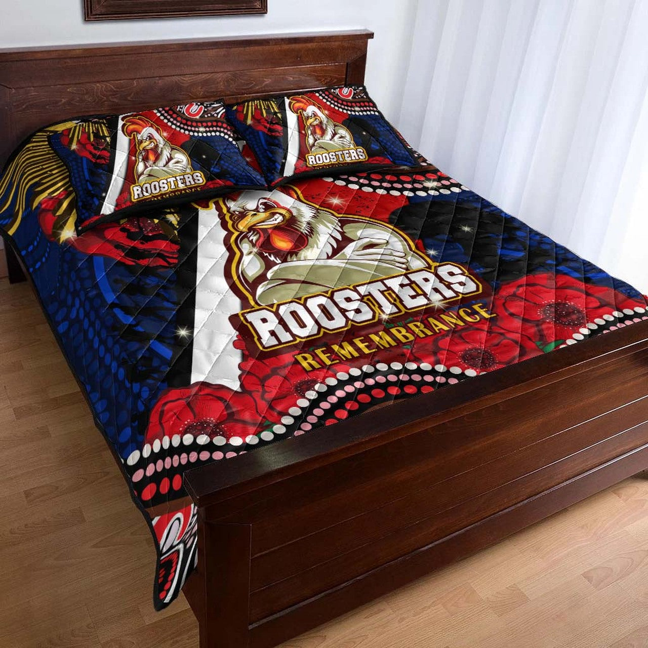 roosters-rugby-anzac-aboriginal-quilt-bed-set-sydney-roosters-with-remembrance-day-poppy-flower-quilt-bed-set