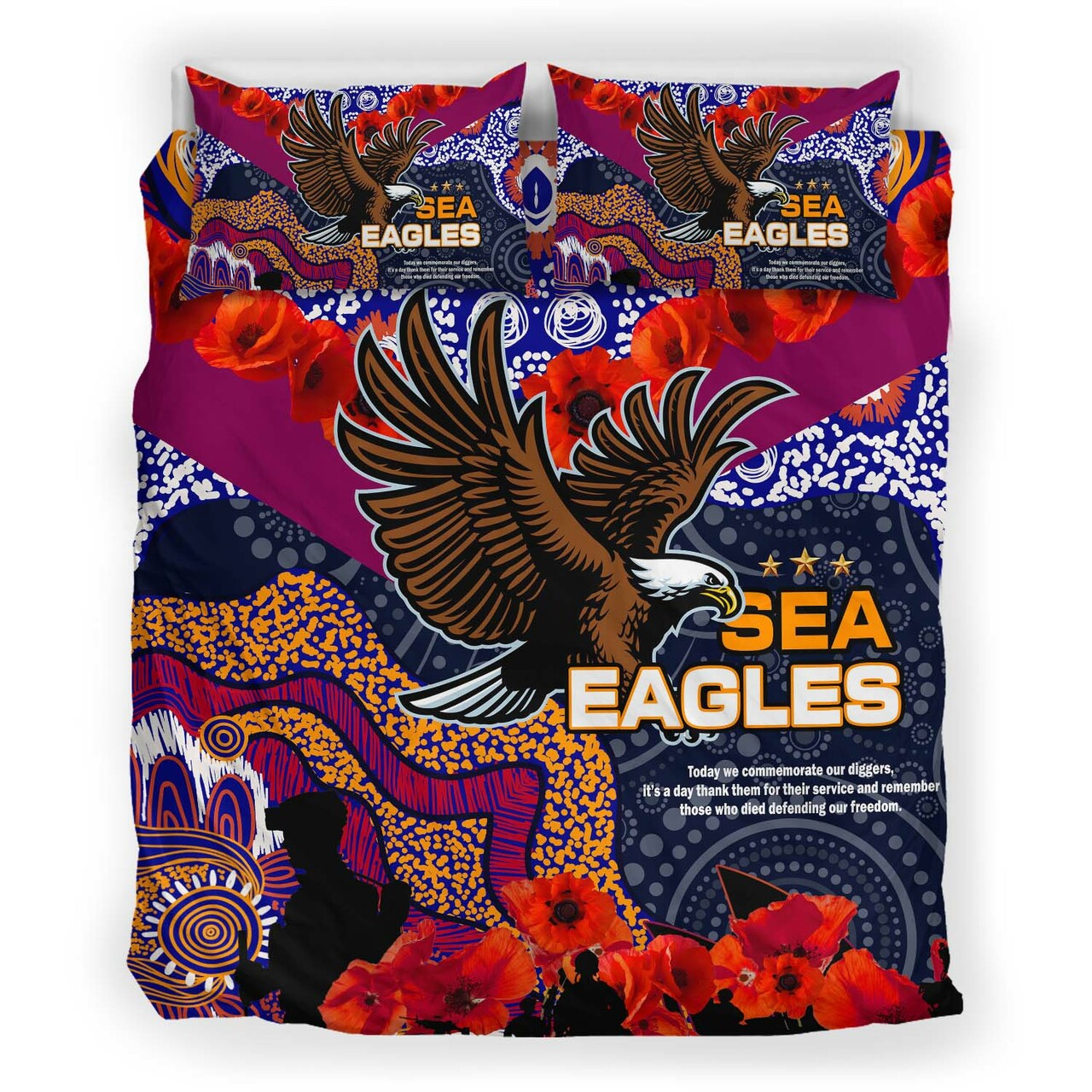 sea-eagles-rugby-anzac-aboriginal-bedding-set-manly-warringah-sea-eagles-with-anzac-day-poppy-flower-bedding-set