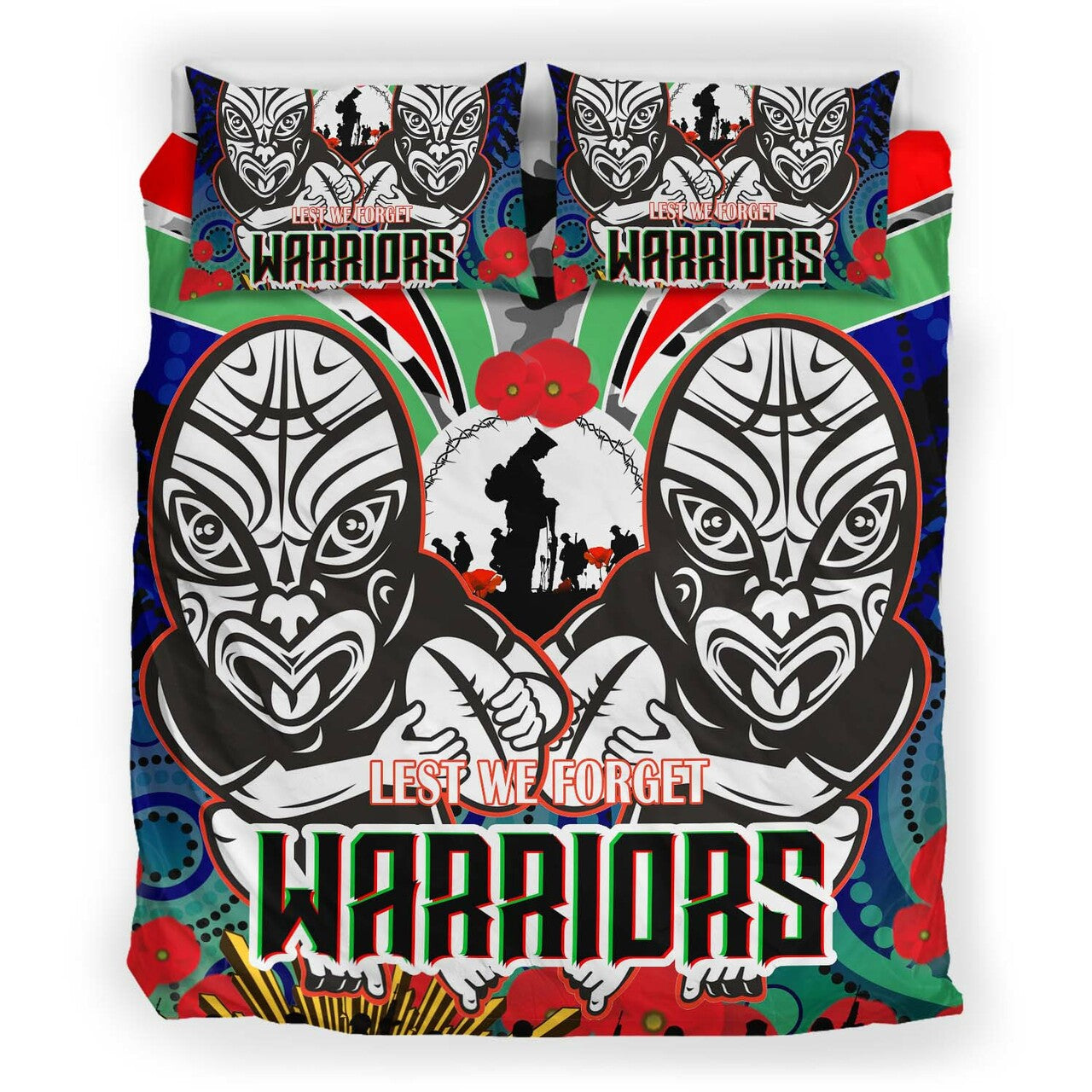 warrior-rugby-anzac-aboriginal-bedding-set-custom-new-zealand-warriors-anzac-day-with-maori-mask-bedding-set