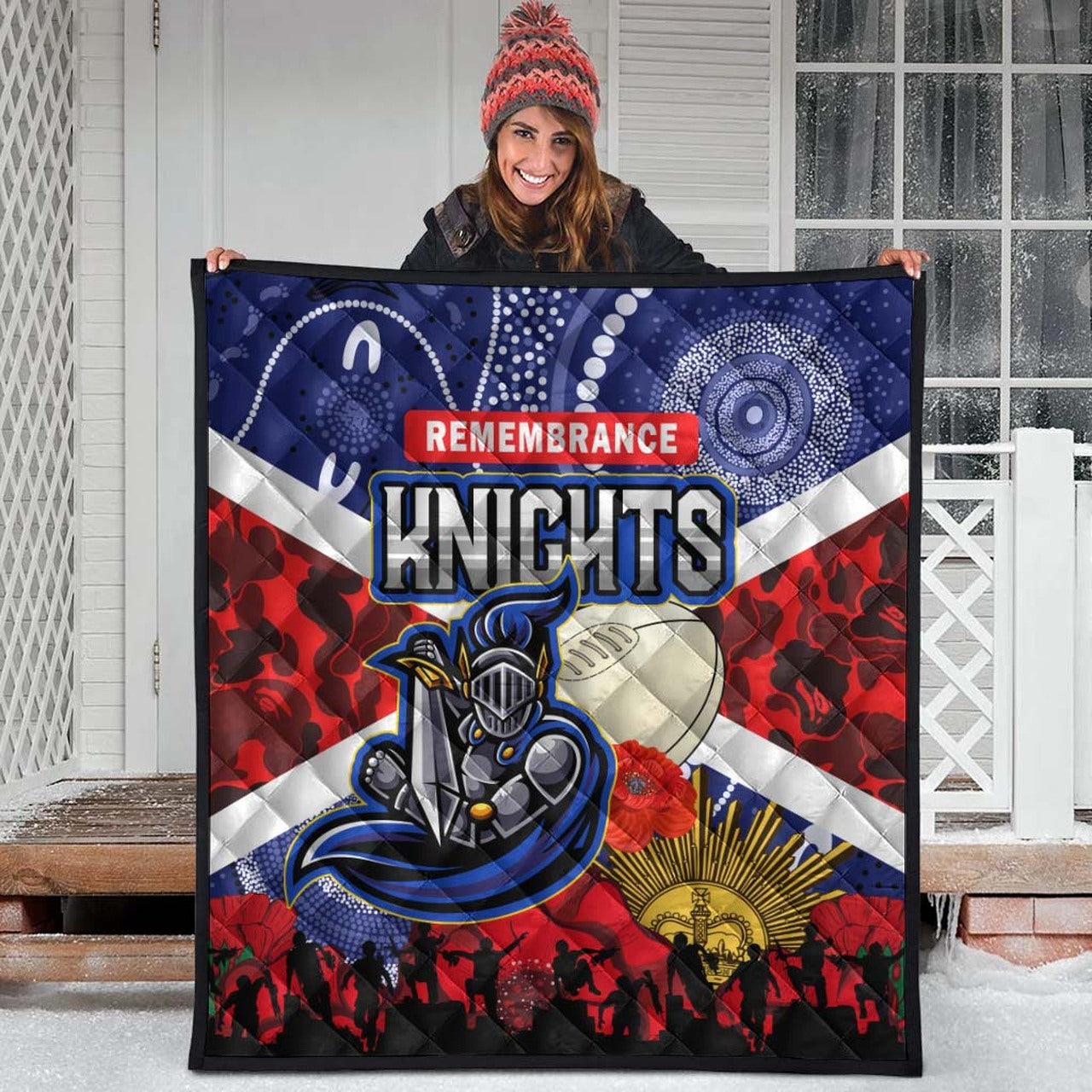 knights-rugby-anzac-aboriginal-quilt-newcastle-knights-with-anzac-day-poppy-flower-quilt