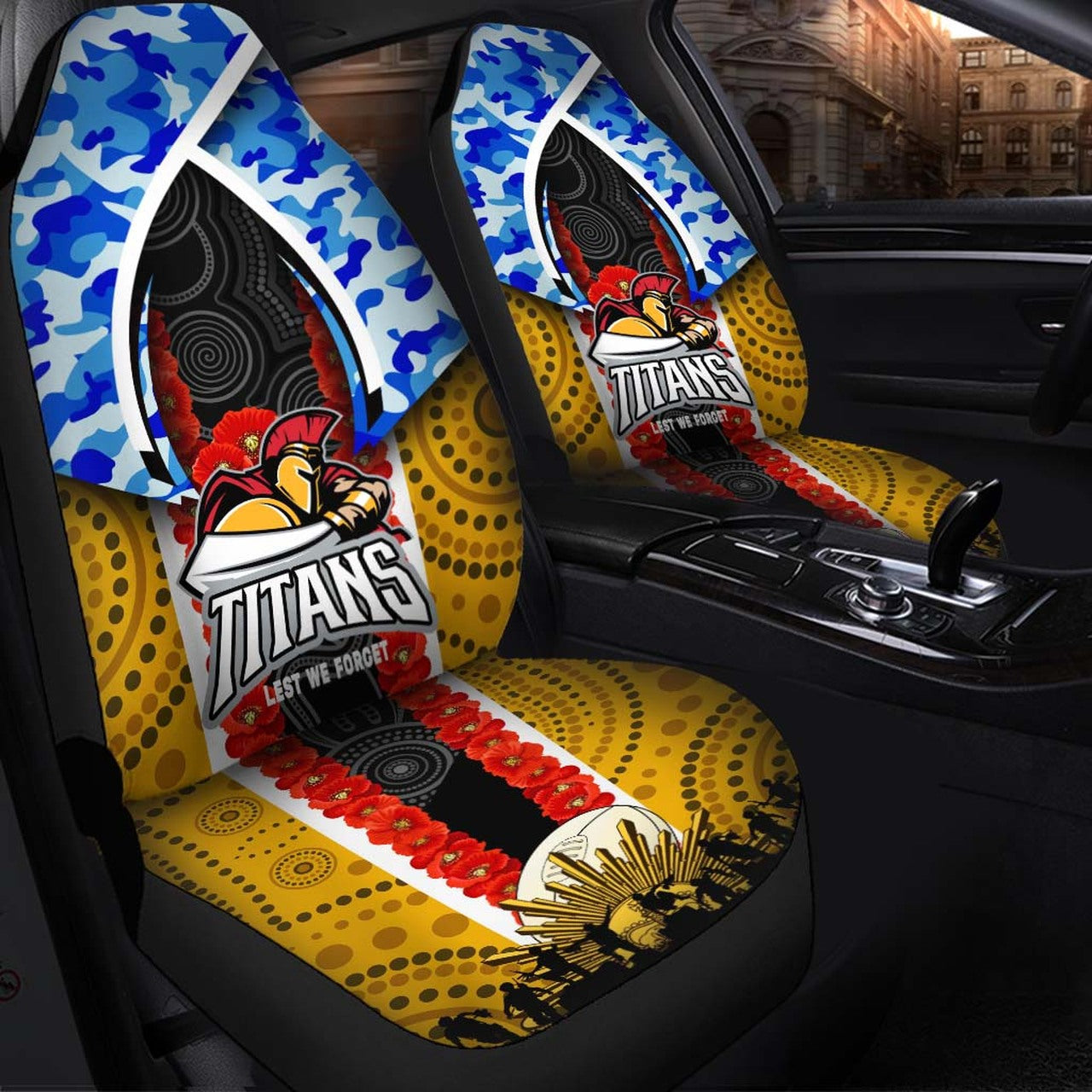 titans-rugby-anzac-aboriginal-car-seat-cover-titans-with-poppy-watercolor-flower-car-seat-cover
