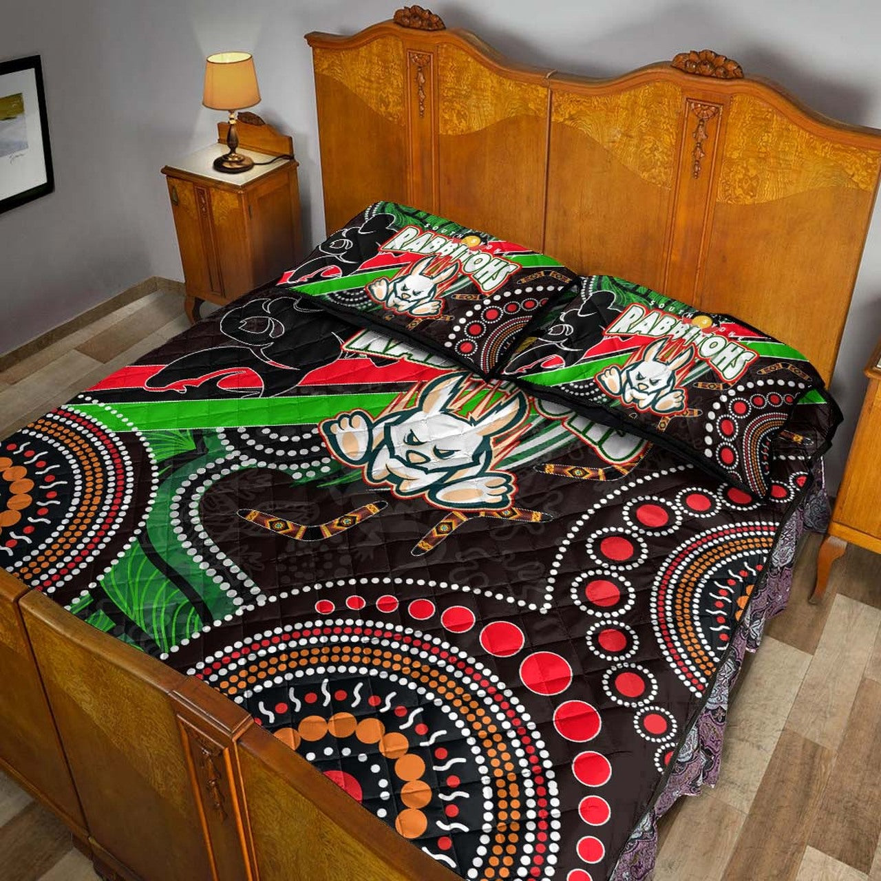 rabbitohs-rugby-anzac-aboriginal-quilt-bed-set-rabbitohs-remembrance-day-with-poppy-flower-quilt-bed-set