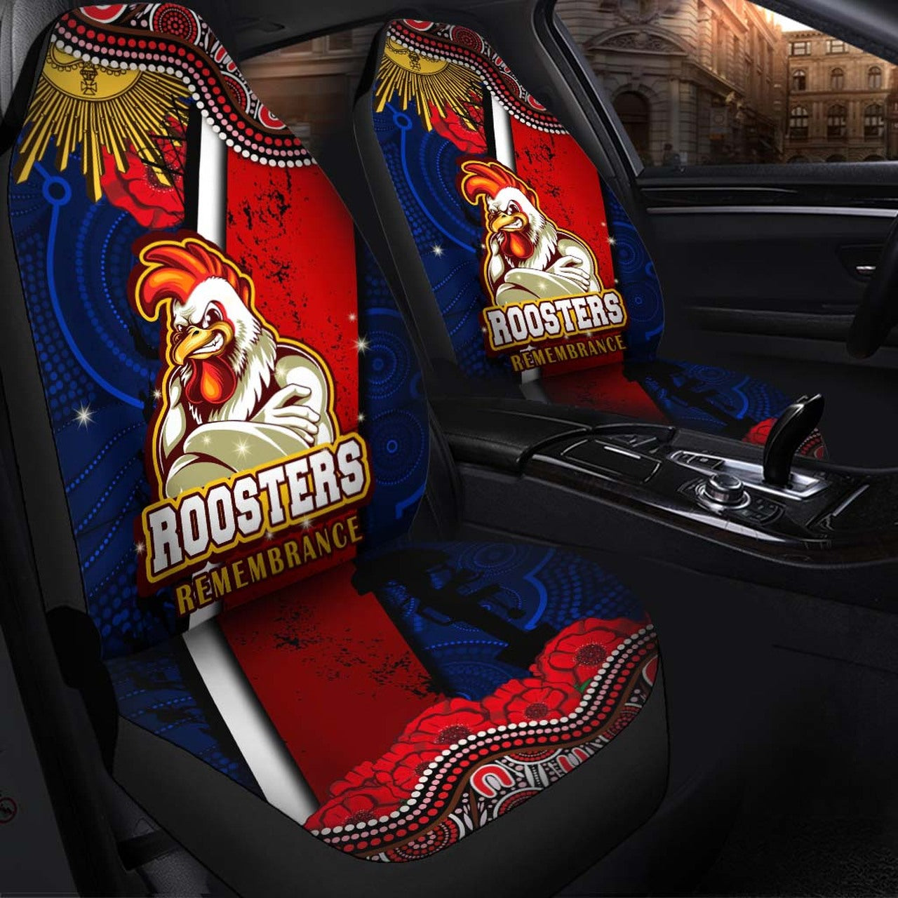 roosters-rugby-anzac-aboriginal-car-seat-cover-sydney-roosters-with-remembrance-day-poppy-flower-car-seat-cover