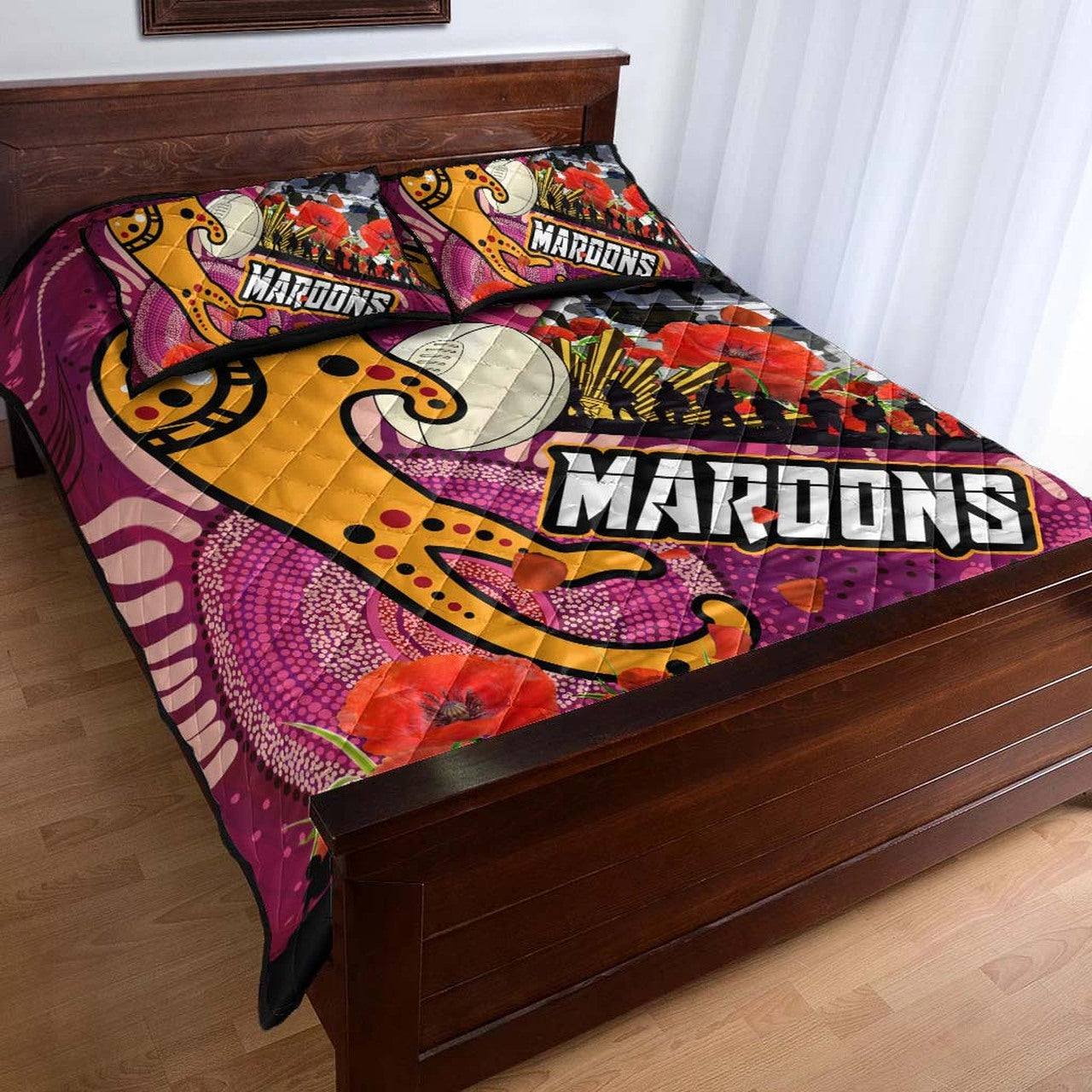 maroons-rugby-anzac-aboriginal-quilt-bed-set-maroons-aboriginal-pattern-with-anzac-day-poppy-flower-quilt-bed-set