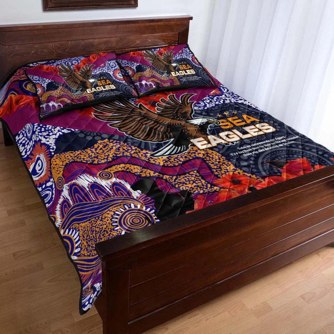 sea-eagles-rugby-anzac-aboriginal-quilt-bed-set-manly-warringah-sea-eagles-with-anzac-day-poppy-flower-quilt-bed-set