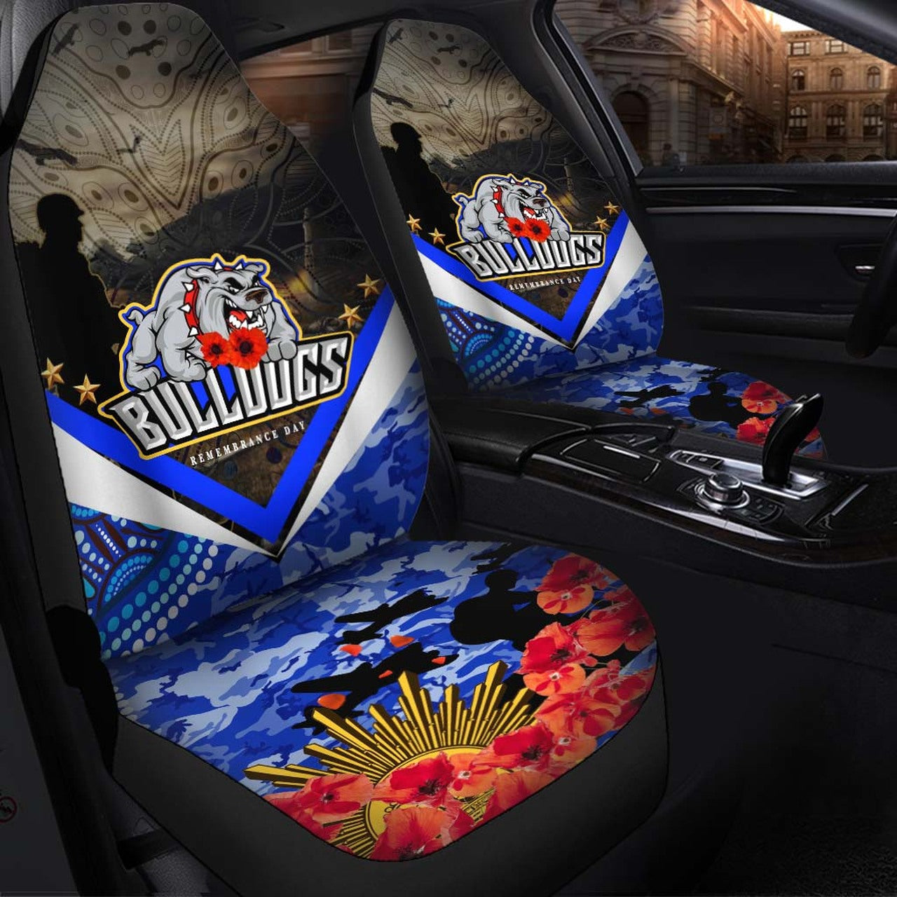 bulldogs-rugby-anzac-aboriginal-car-seat-cover-poppy-flower-remembrance-day-car-seat-cover