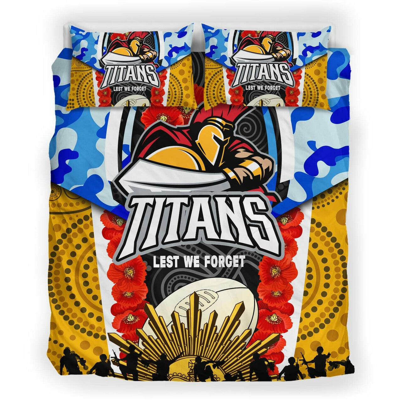 titans-rugby-anzac-aboriginal-bedding-set-titans-with-poppy-watercolor-flower-bedding-set