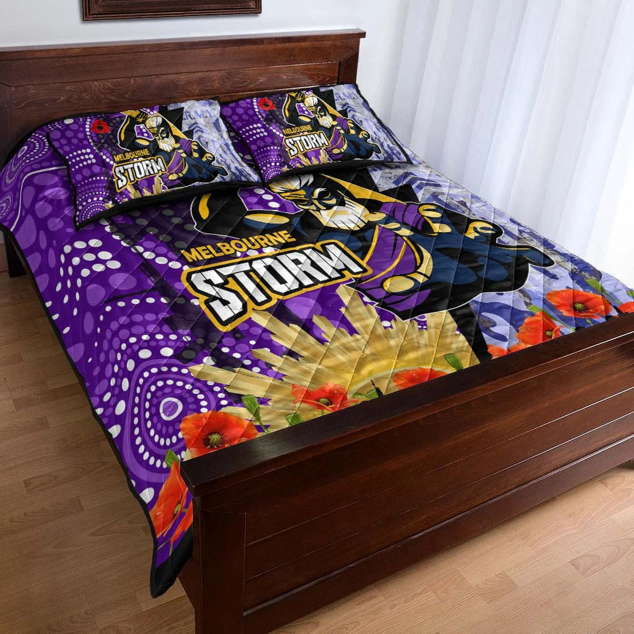 storm-rugby-anzac-aboriginal-quilt-bed-set-melbourne-storm-with-remembrance-day-poppy-flower-quilt-bed-set