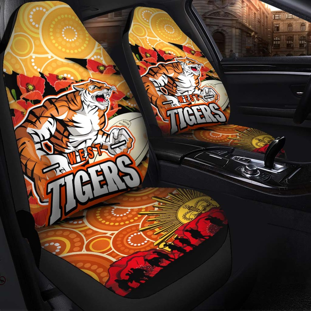 tigers-rugby-anzac-aboriginal-car-seat-cover-tigers-rugby-with-remembrance-day-poppy-flower-car-seat-cover