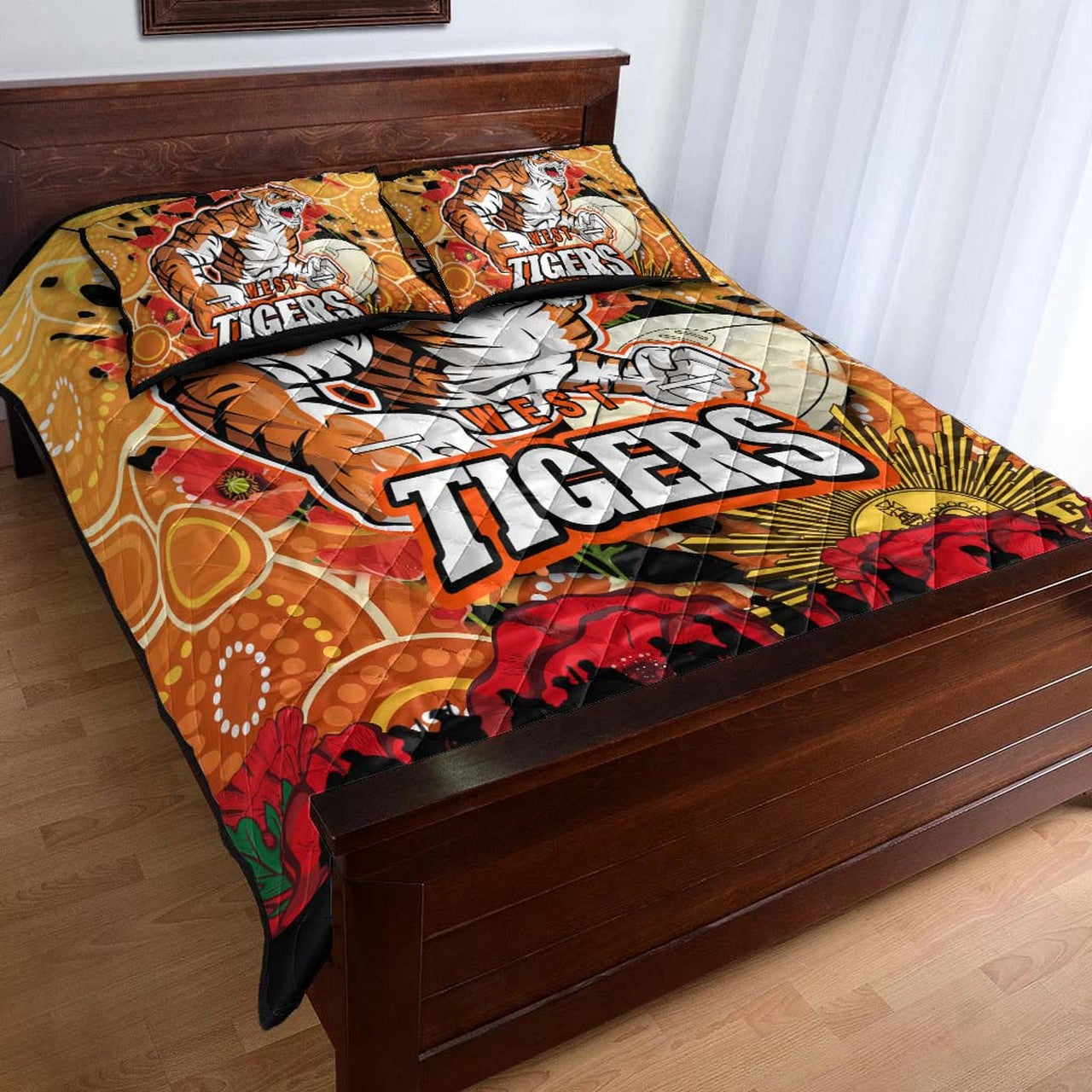tigers-rugby-anzac-aboriginal-quilt-bed-set-tigers-rugby-with-remembrance-day-poppy-flower-quilt-bed-set