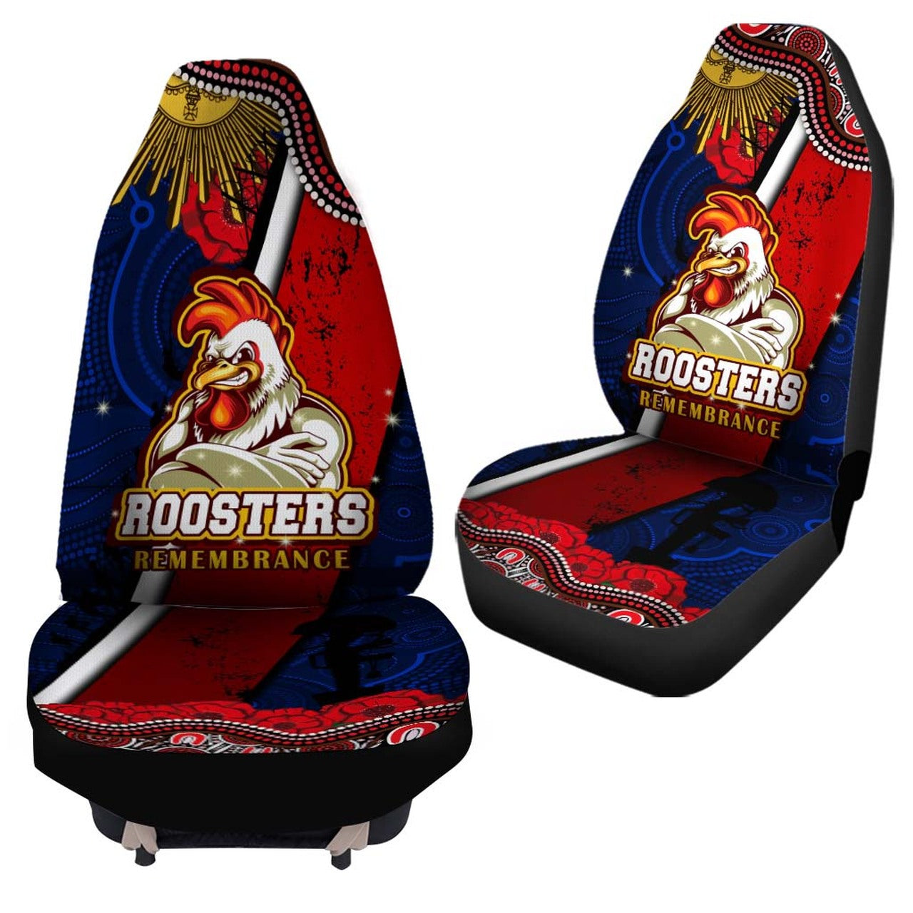 roosters-rugby-anzac-aboriginal-car-seat-cover-sydney-roosters-with-remembrance-day-poppy-flower-car-seat-cover