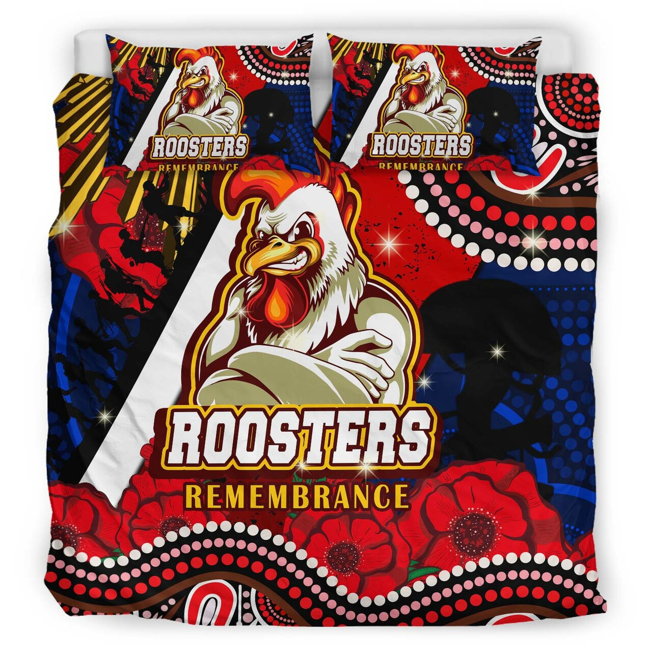 roosters-rugby-anzac-aboriginal-bedding-set-sydney-roosters-with-remembrance-day-poppy-flower-bedding-set