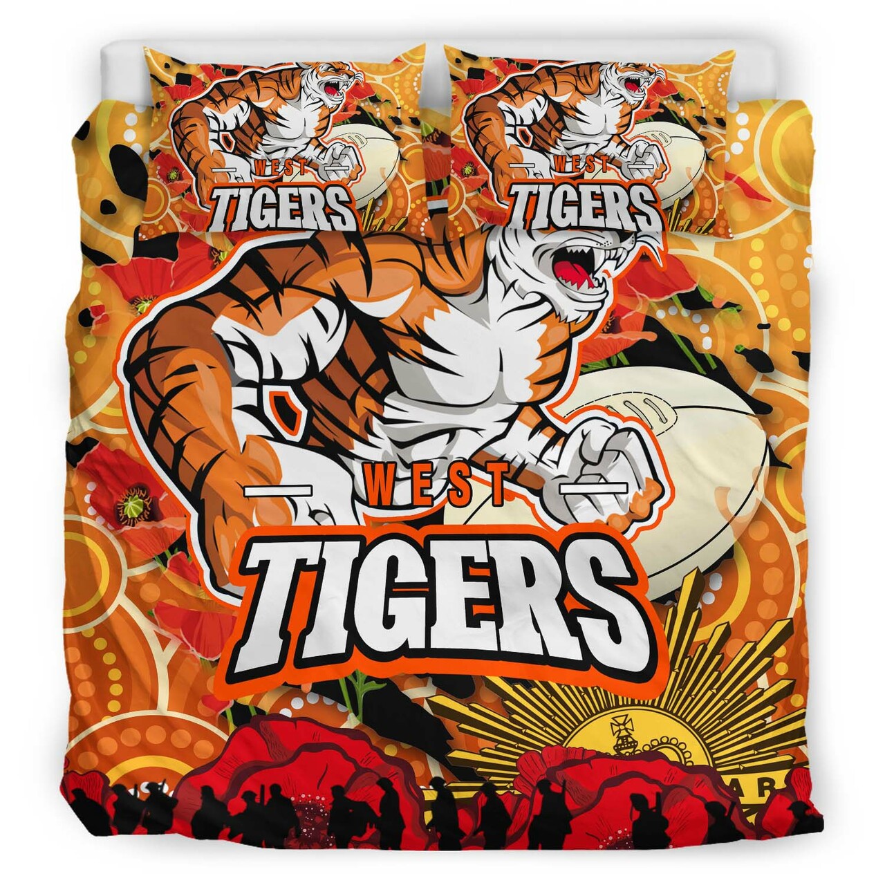 tigers-rugby-anzac-aboriginal-bedding-set-tigers-rugby-with-remembrance-day-poppy-flower-bedding-set
