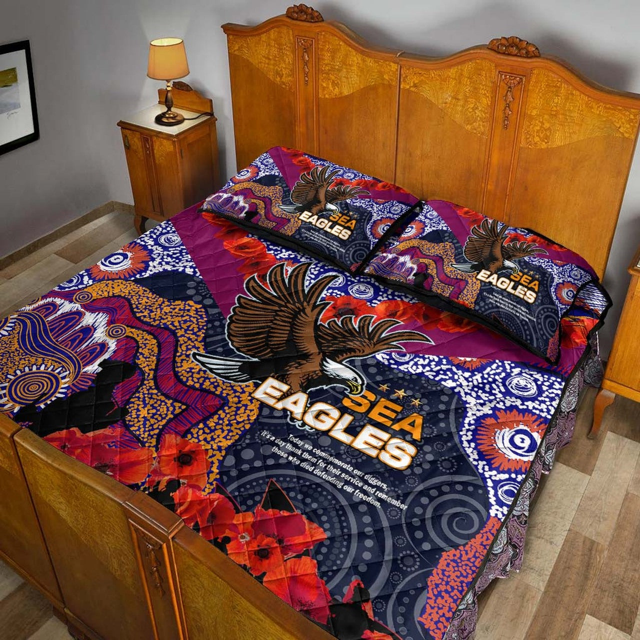 sea-eagles-rugby-anzac-aboriginal-quilt-bed-set-manly-warringah-sea-eagles-with-anzac-day-poppy-flower-quilt-bed-set