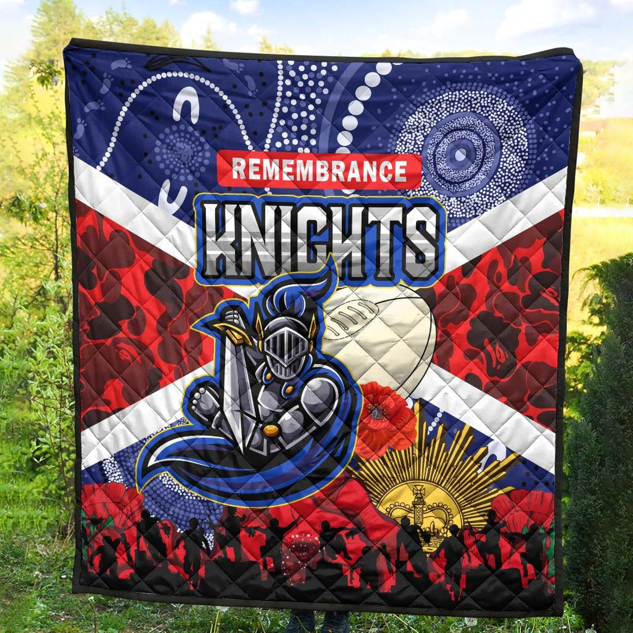 knights-rugby-anzac-aboriginal-quilt-newcastle-knights-with-anzac-day-poppy-flower-quilt