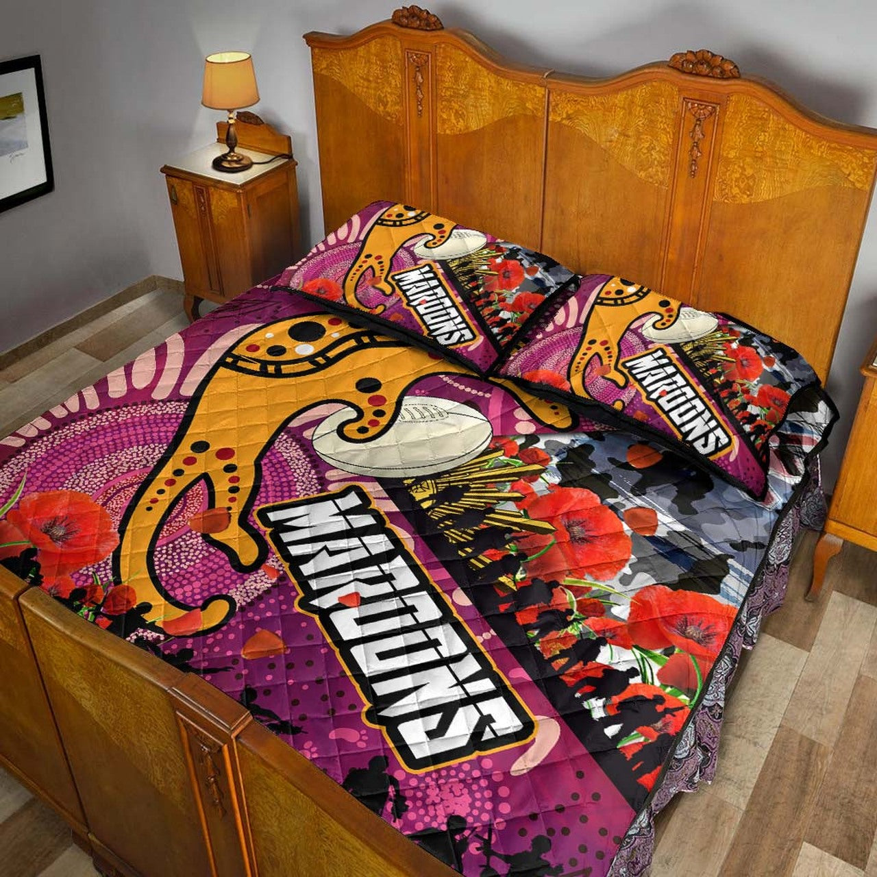 maroons-rugby-anzac-aboriginal-quilt-bed-set-maroons-aboriginal-pattern-with-anzac-day-poppy-flower-quilt-bed-set