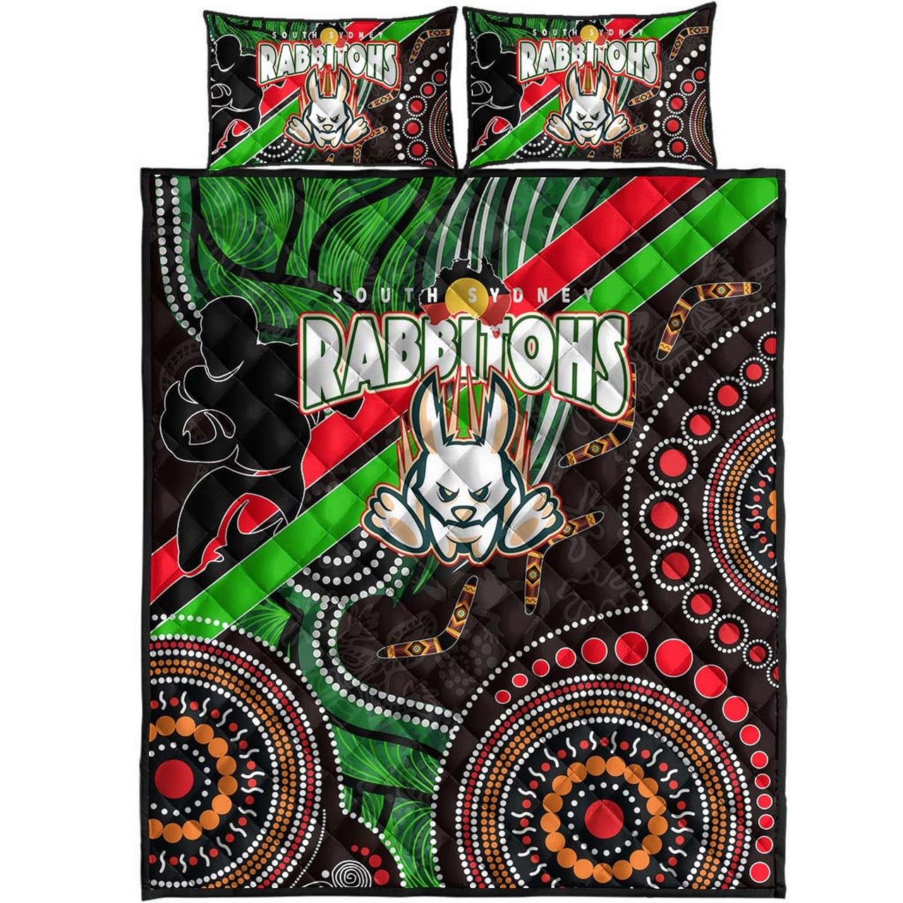 rabbitohs-rugby-anzac-aboriginal-quilt-bed-set-rabbitohs-remembrance-day-with-poppy-flower-quilt-bed-set