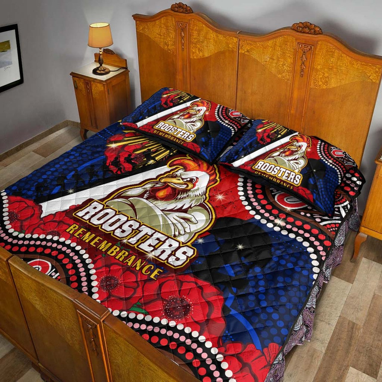 roosters-rugby-anzac-aboriginal-quilt-bed-set-sydney-roosters-with-remembrance-day-poppy-flower-quilt-bed-set