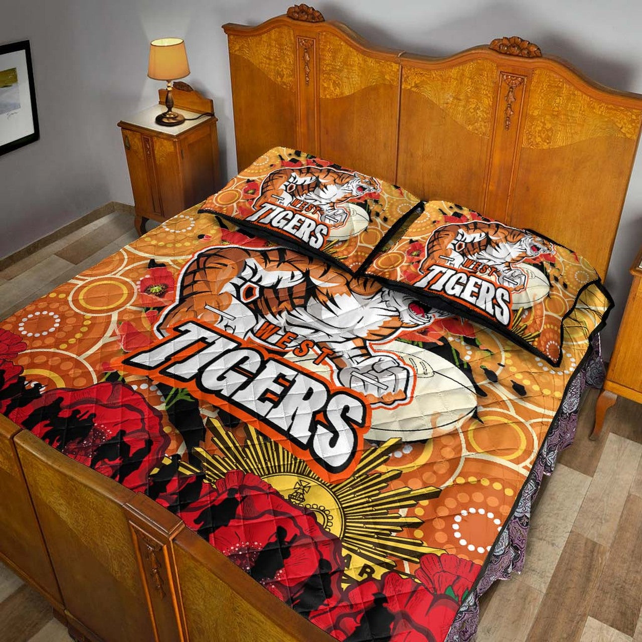 tigers-rugby-anzac-aboriginal-quilt-bed-set-tigers-rugby-with-remembrance-day-poppy-flower-quilt-bed-set
