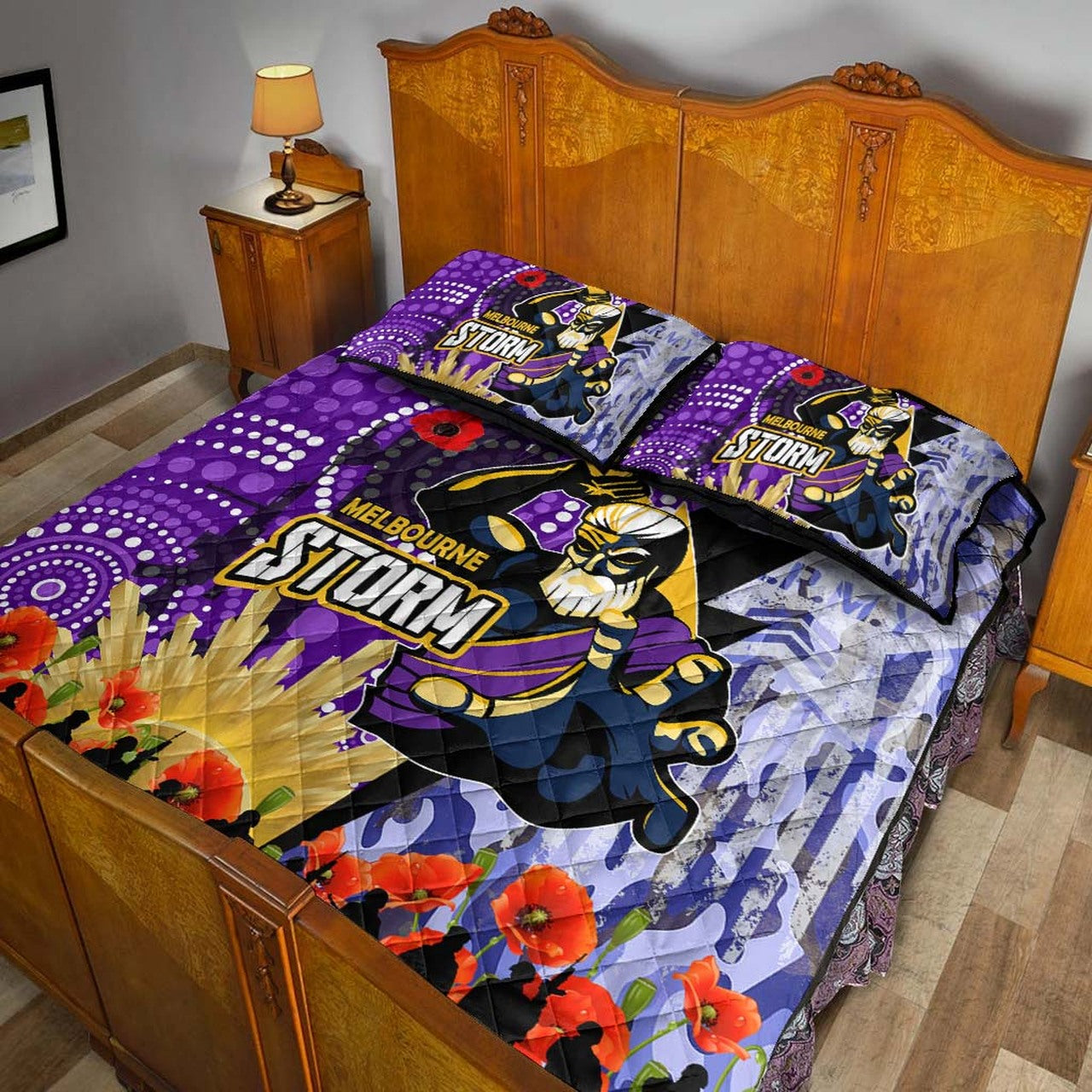 storm-rugby-anzac-aboriginal-quilt-bed-set-melbourne-storm-with-remembrance-day-poppy-flower-quilt-bed-set