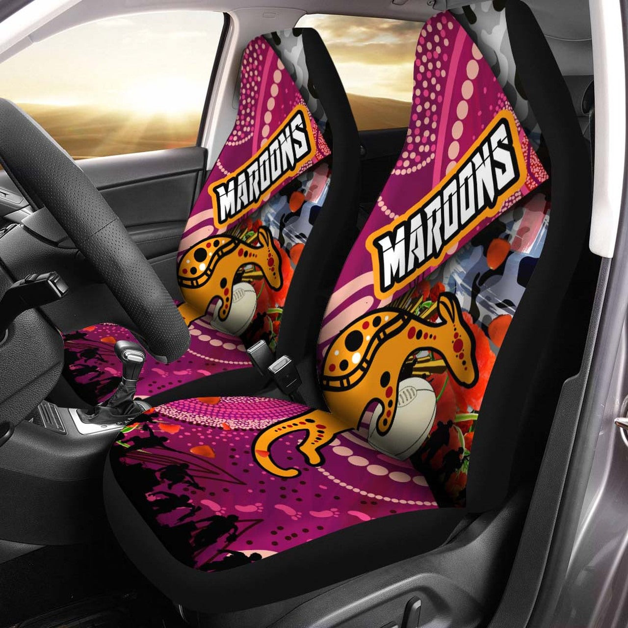 maroons-rugby-anzac-aboriginal-car-seat-cover-maroons-aboriginal-pattern-with-anzac-day-poppy-flower-car-seat-cover