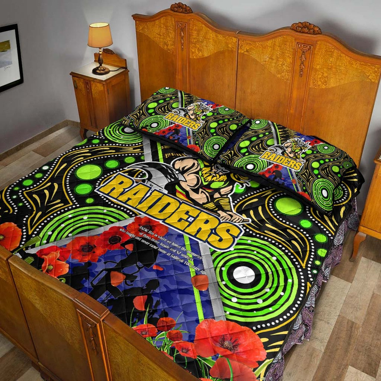 raiders-rugby-anzac-aboriginal-quilt-bed-set-canberra-raiders-with-anzac-day-poppy-flower-quilt-bed-set
