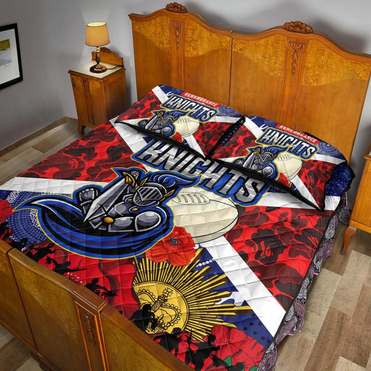 knights-rugby-anzac-aboriginal-quilt-bed-set-newcastle-knights-with-anzac-day-poppy-flower-quilt-bed-set