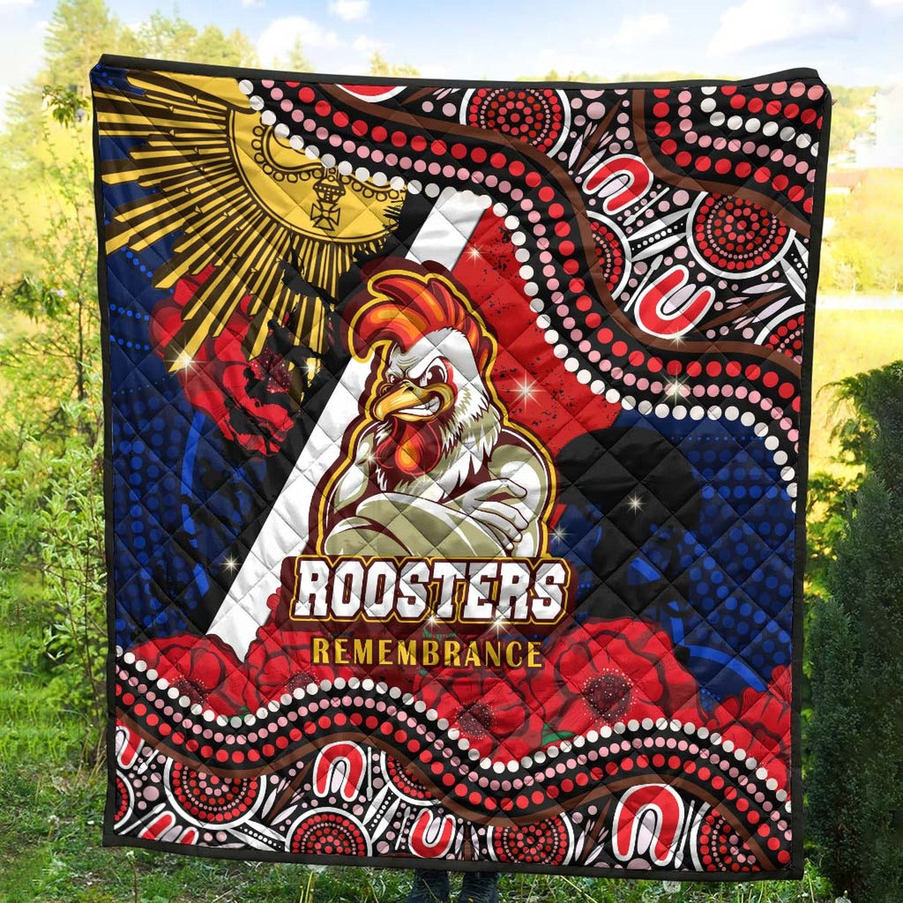 roosters-rugby-anzac-aboriginal-quilt-sydney-roosters-with-remembrance-day-poppy-flower-quilt
